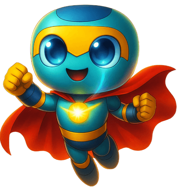 Obo, the RoboticGen Academy mascot, flying in a superhero cape